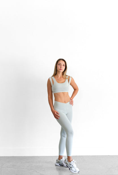 Full length of the sage SYLA Sculpt Legging, high-waist fit shown front on