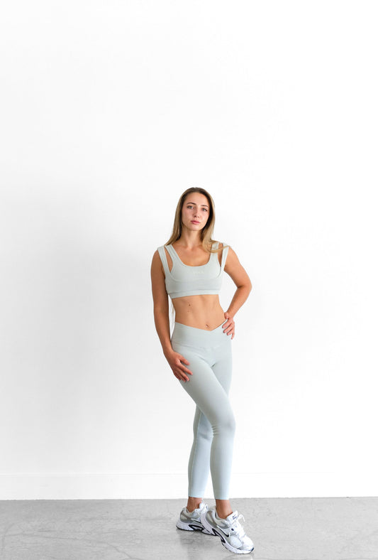 Full length of the sage SYLA Sculpt Legging, high-waist fit shown front on